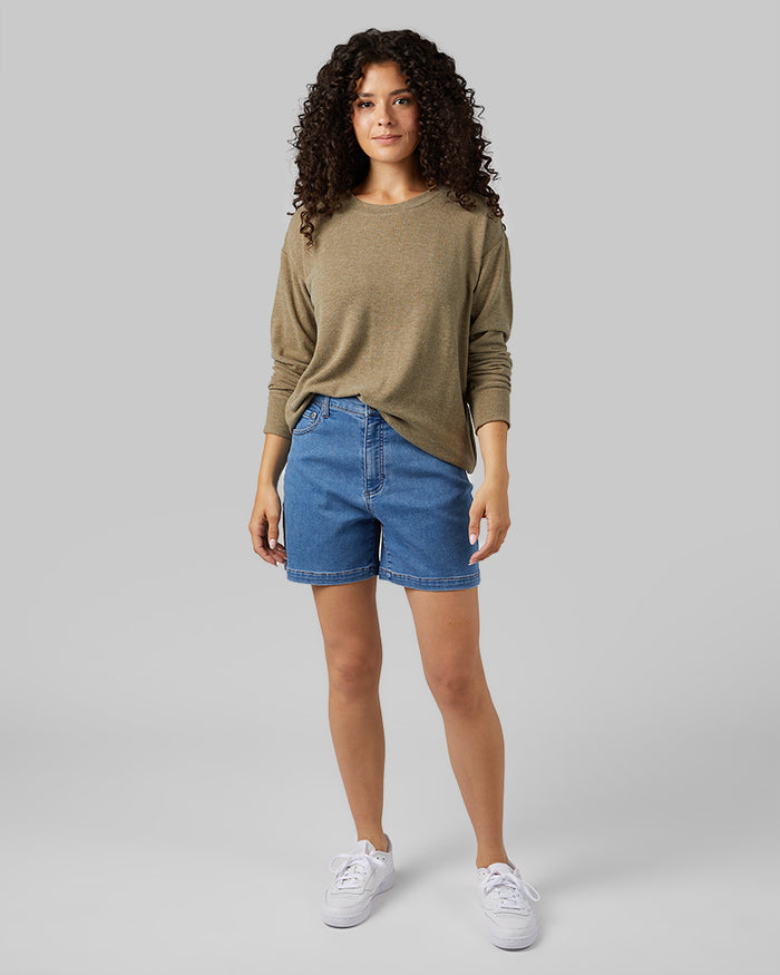 32 Degrees Olive Heather _ Women's soft sweater Knit Crew Top {model: Gabrielle is 5'8"and size 4 wearing size S}{bottom}{right} {bottom}{right}