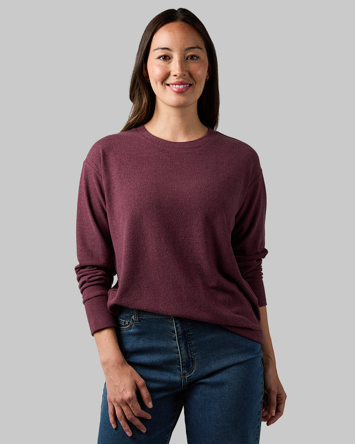 32 Degrees Eggplant Heather _ Women's soft sweater Knit Crew Top {model: Selina is 5'7"and size 4 wearing size S}{bottom}{right} {bottom}{right}