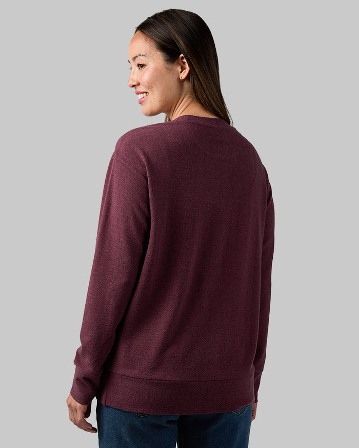 32 Degrees Eggplant Heather _ Women's soft sweater Knit Crew Top {model: Selina is 5'7"and size 4 wearing size S}{bottom}{right} {bottom}{right}