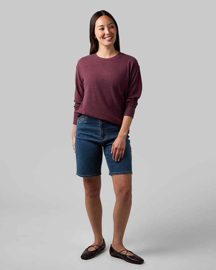 32 Degrees Eggplant Heather _ Women's soft sweater Knit Crew Top {model: Selina is 5'7"and size 4 wearing size S}{bottom}{right} {bottom}{right}