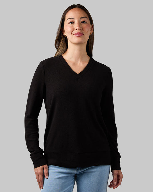 32 Degrees Black _ Women's soft sweater Knit Vneck Top {model: Selina is 5'7"and size 4 wearing size S}{bottom}{right} {bottom}{right}