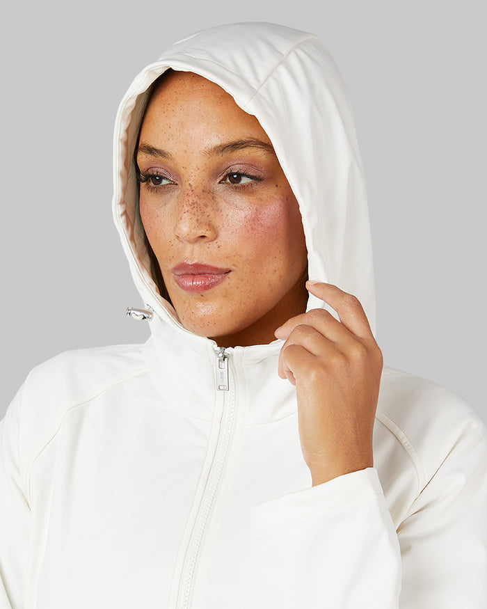 32 Degrees Cream _ Women’s Hooded softshell Jacket {model: Shelby is 5'9"and size 4 wearing size S}{bottom}{right} {bottom}{right}