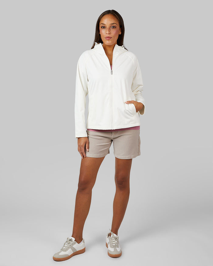 32 Degrees Cream _ Women’s Hooded softshell Jacket {model: Shelby is 5'9"and size 4 wearing size S}{bottom}{right} {bottom}{right}