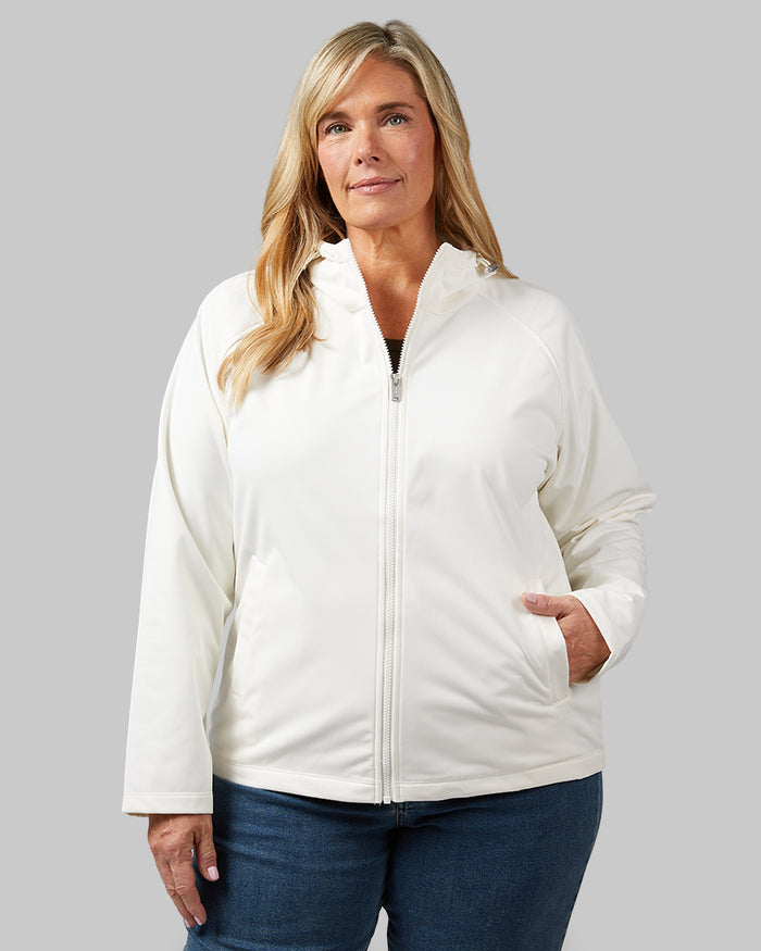 32 Degrees Cream _ Women’s Hooded softshell Jacket {model: Melissa is 5'8"and size 14 wearing size L}{bottom}{right} {bottom}{right}