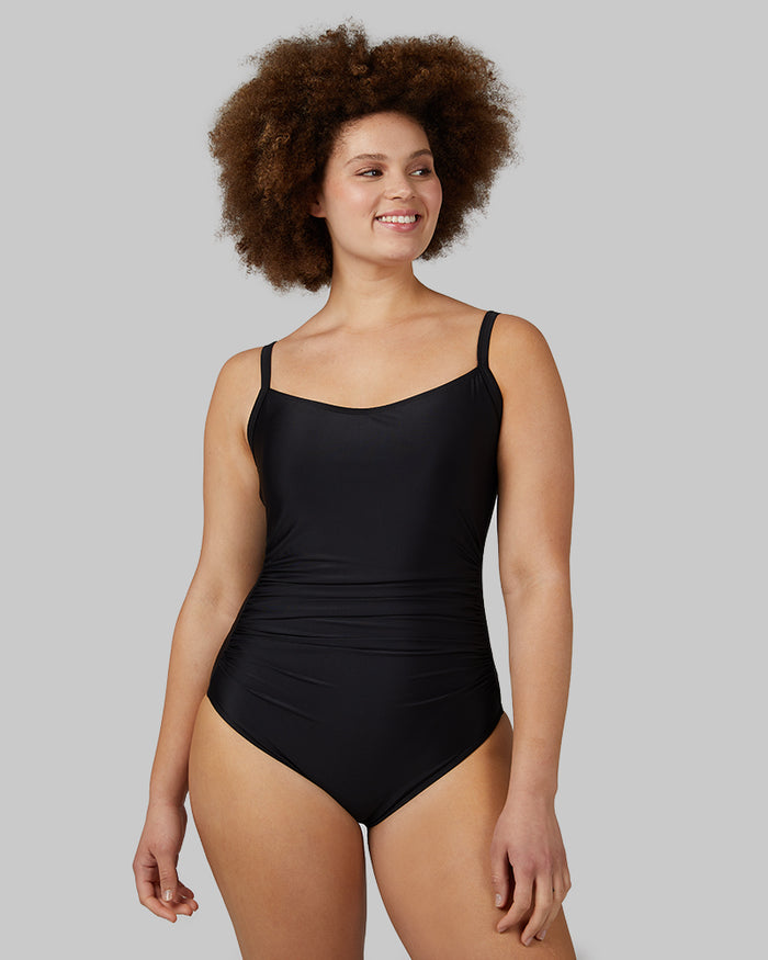32 Degrees Black _ Women's One Piece swimsuit {model: Shani is 5'10"and size 12 wearing size L}{bottom}{right} {bottom}{right}