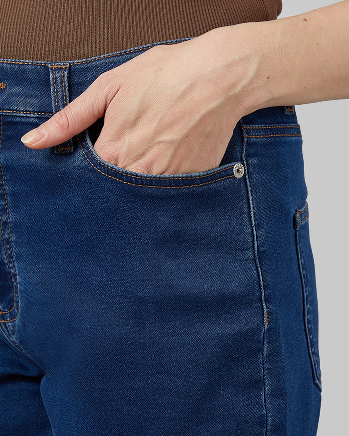 32 Degrees Indigo Wash _ Women's stretch Comfort Jean Bermuda short  {model: Rachel is 5'9"and size S wearing size 4}{bottom}{right} {bottom}{right}