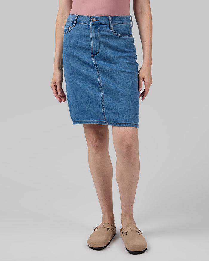 32 Degrees Medium Indigo Wash _ Women's stretch Comfort Jean skirt {model: Alison is 5'9.5"and size S wearing size 4}{bottom}{right} {bottom}{right}