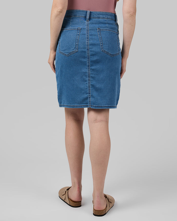 32 Degrees Medium Indigo Wash _ Women's stretch Comfort Jean skirt {model: Alison is 5'9.5"and size S wearing size 4}{bottom}{right} {bottom}{right}