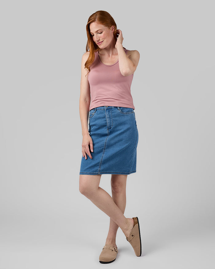 32 Degrees Medium Indigo Wash _ Women's stretch Comfort Jean skirt {model: Alison is 5'9.5"and size S wearing size 4}{bottom}{right} {bottom}{right}