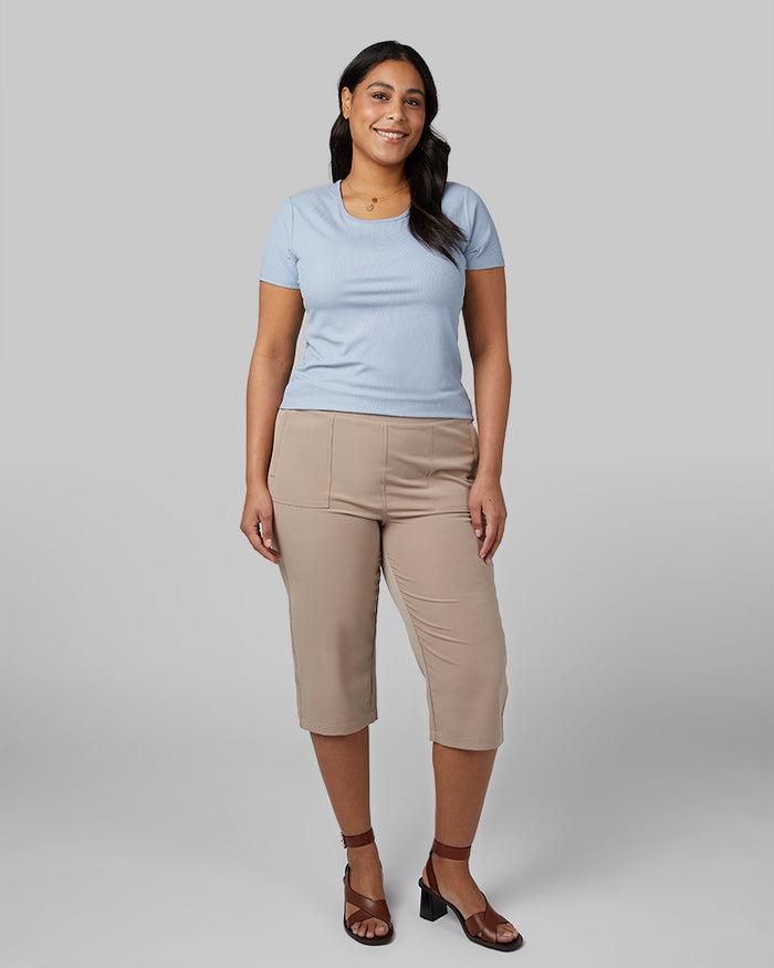 32 Degrees Mocha Meringue _ Women's stretch Woven Capri {model: Aimee is 5'9"and size 12, wearing size L}{bottom}{right} {bottom}{right}