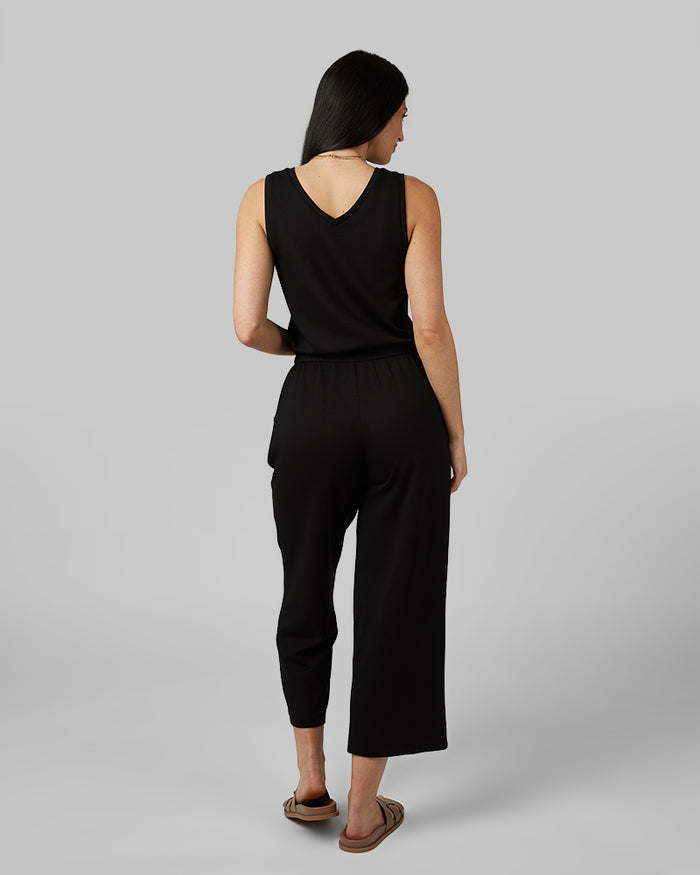 32 Degrees Black _ Women's studio Tech Jumpsuit {model: Monica is 5'8"and size 4 wearing size S}{bottom}{right} {bottom}{right}