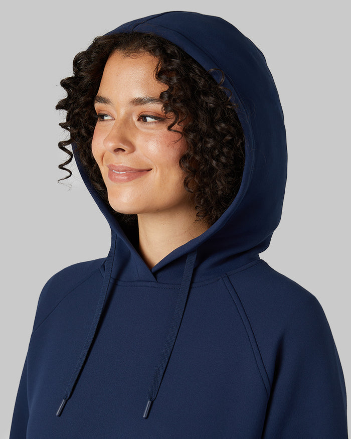 32 Degrees Dress Blue _ Women's sweat Tech Hoodie {model: Gabrielle is 5'8"and size 4 wearing size S}{bottom}{right} {bottom}{right}