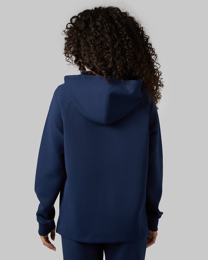 32 Degrees Dress Blue _ Women's sweat Tech Hoodie {model: Gabrielle is 5'8"and size 4 wearing size S}{bottom}{right} {bottom}{right}