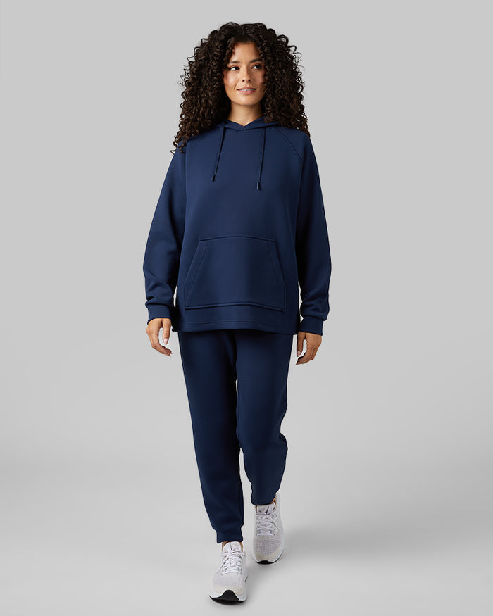 32 Degrees Dress Blue _ Women's sweat Tech Hoodie {model: Gabrielle is 5'8"and size 4 wearing size S}{bottom}{right} {bottom}{right}