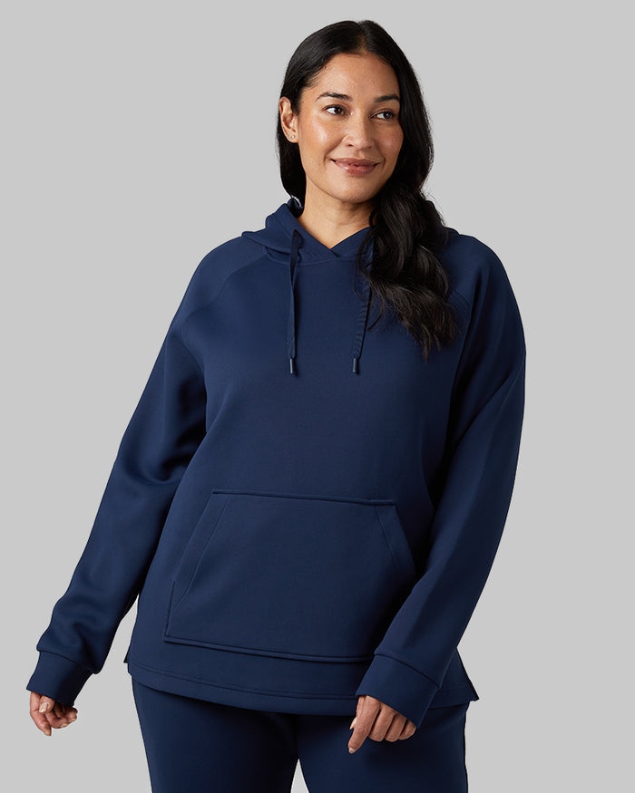 32 Degrees Dress Blue _ Women's sweat Tech Hoodie {model: Amanda is 5'8"and size 14 wearing size L}{bottom}{right} {bottom}{right}
