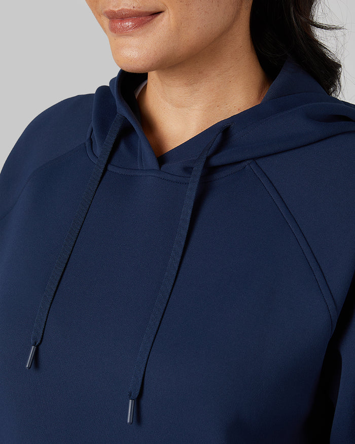 32 Degrees Dress Blue _ Women's sweat Tech Hoodie {model: Amanda is 5'8"and size 14 wearing size L}{bottom}{right} {bottom}{right}