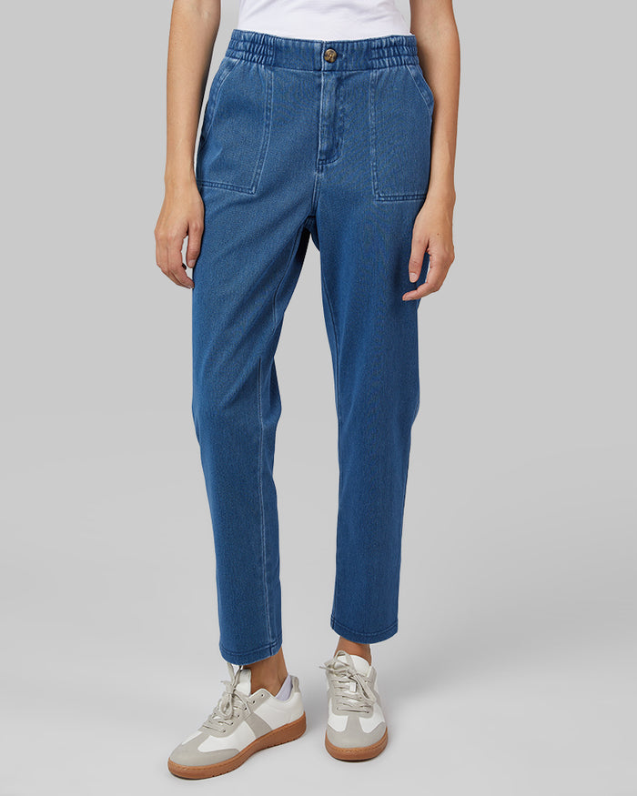 32 Degrees Medium Denim _ Women's  “sweatpant” Ankle Jean {model: Kathie is 5'9"and size 4 wearing size S}{bottom}{right} {bottom}{right}