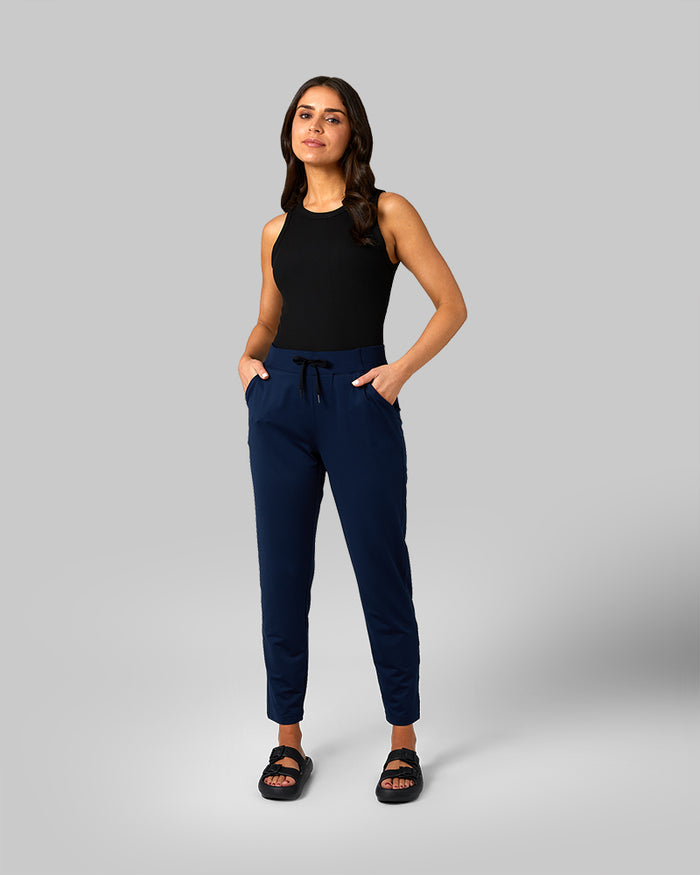 32 Degrees Dress Blue _ Women's Ultra-Comfy Everyday Pant {model: Bruna is 5'7.5" and size 4, wearing size S}{bottom}{right}{bottom}{right}