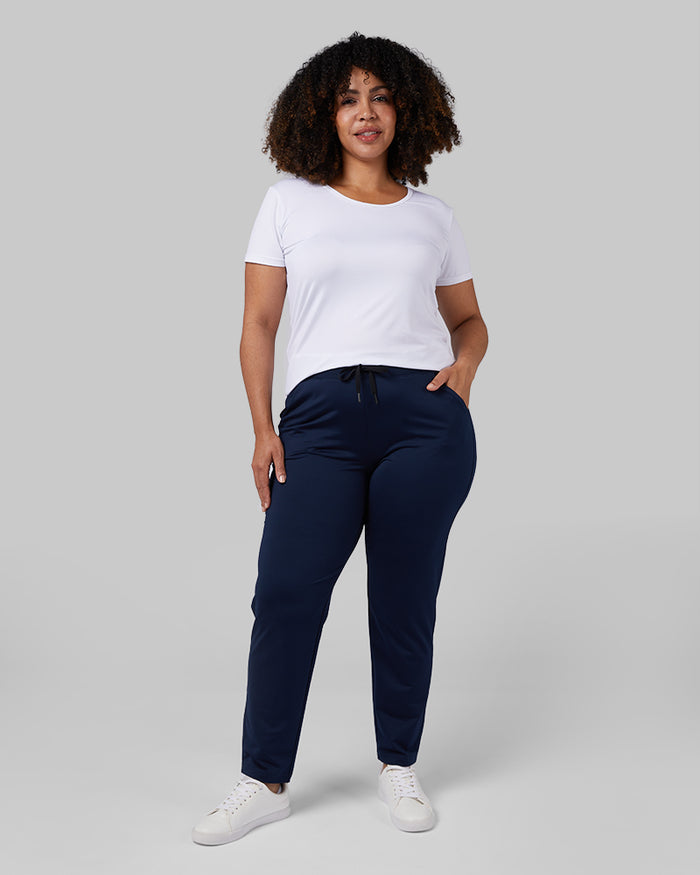 32 Degrees Dress Blue _ Women's Ultra-Comfy Everyday Pant {model: Genny is 5'8" and size 12-14, wearing size L}{bottom}{right}{bottom}{right}