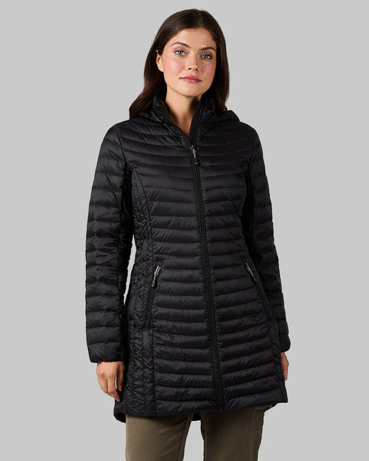 32 Degrees Black _ Women's Ultra-Light Down Packable 3/4 Jacket {model: MK is 5'9" and size 4, wearing size S}{bottom}{right} {bottom}{right}