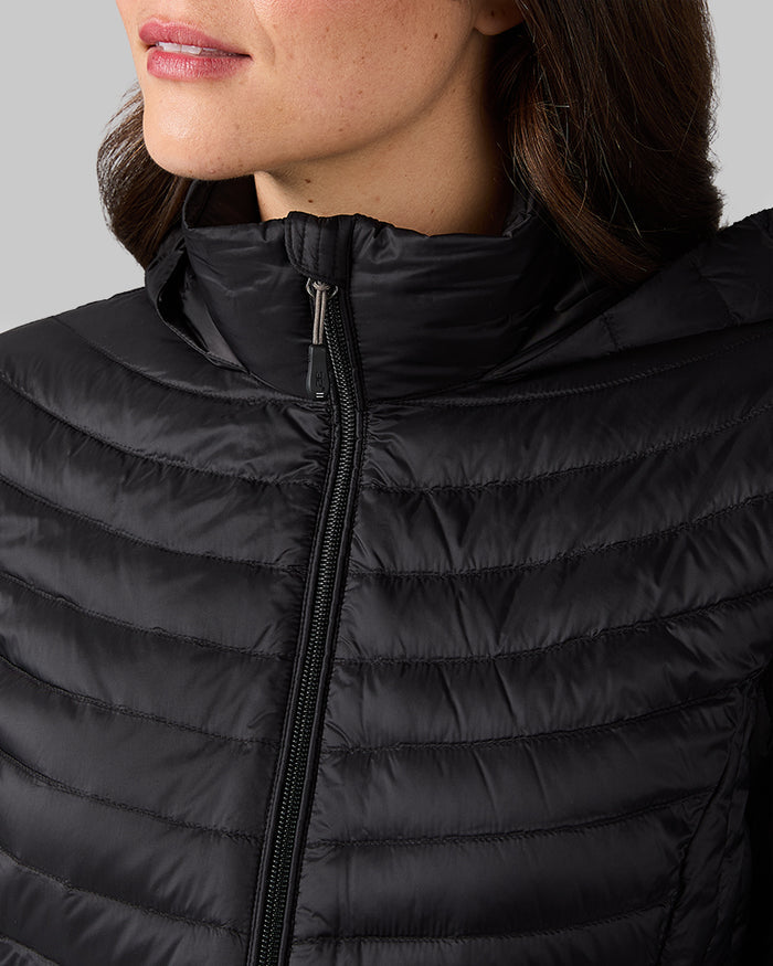 32 Degrees Black _ Women's Ultra-Light Down Packable 3/4 Jacket {model: MK is 5'9" and size 4, wearing size S}{bottom}{right} {bottom}{right}