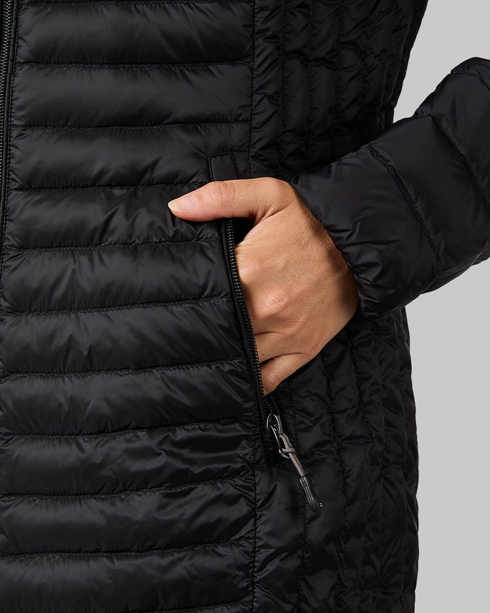32 Degrees Black _ Women's Ultra-Light Down Packable 3/4 Jacket {model: MK is 5'9" and size 4, wearing size S}{bottom}{right} {bottom}{right}