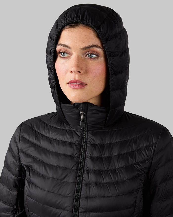 32 Degrees Black _ Women's Ultra-Light Down Packable 3/4 Jacket {model: MK is 5'9" and size 4, wearing size S}{bottom}{right} {bottom}{right}