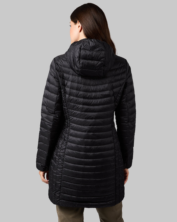 32 Degrees Black _ Women's Ultra-Light Down Packable 3/4 Jacket {model: MK is 5'9" and size 4, wearing size S}{bottom}{right} {bottom}{right}