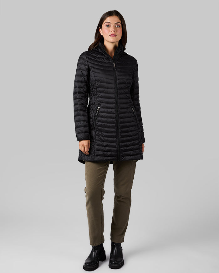 32 Degrees Black _ Women's Ultra-Light Down Packable 3/4 Jacket {model: MK is 5'9" and size 4, wearing size S}{bottom}{right} {bottom}{right}