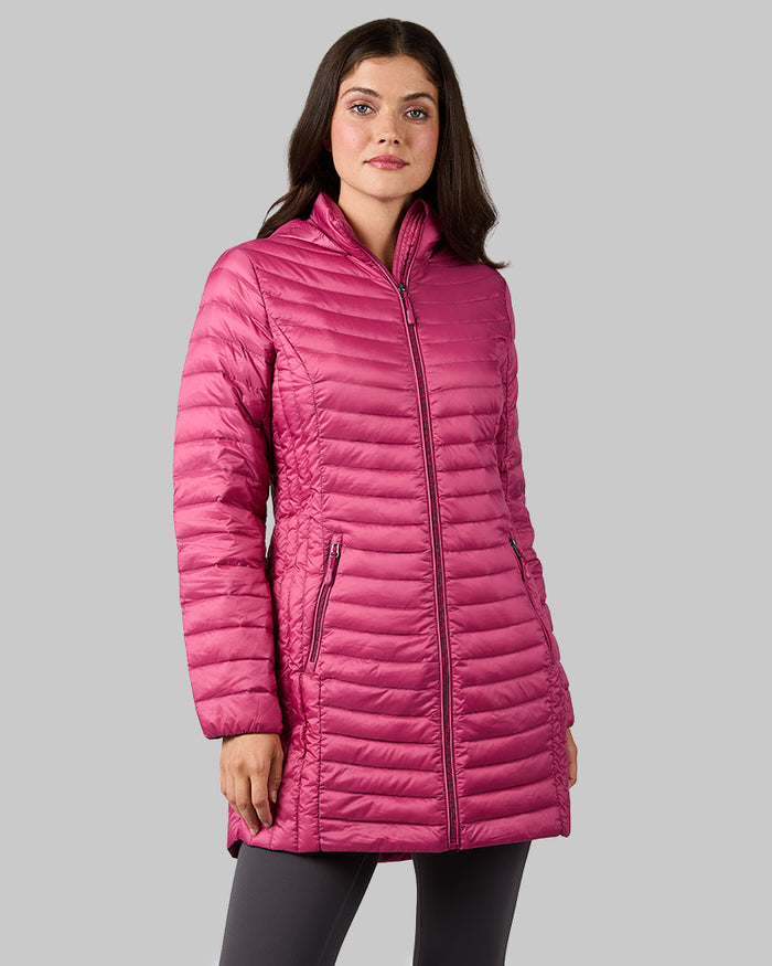 32 Degrees Malaga _ Women's Ultra-Light Down Packable 3/4 Jacket {model: MK is 5'9" and size 4, wearing size S}{bottom}{right} {bottom}{right}