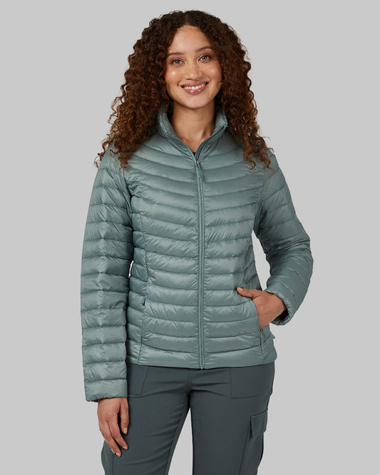 32 Degrees Chinois Green _ Women's Ultra-Light Down Packable Jacket {model: Renee is 5'9", wearing size S}{bottom}{right} {bottom}{right}