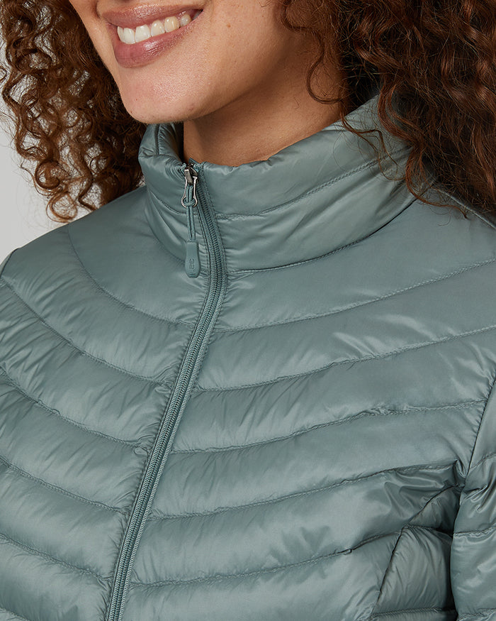 32 Degrees Chinois Green _ Women's Ultra-Light Down Packable Jacket {model: Renee is 5'9", wearing size S}{bottom}{right} {bottom}{right}