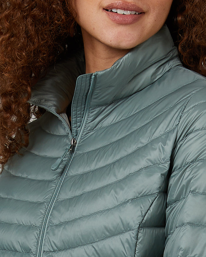 32 Degrees Chinois Green _ Women's Ultra-Light Down Packable Jacket {model: Renee is 5'9", wearing size S}{bottom}{right} {bottom}{right}