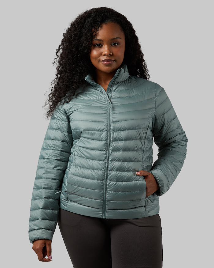 32 Degrees Chinois Green _ Women's Ultra-Light Down Packable Jacket {model: Audrey is 5'8", wearing size L}{bottom}{right} {bottom}{right}