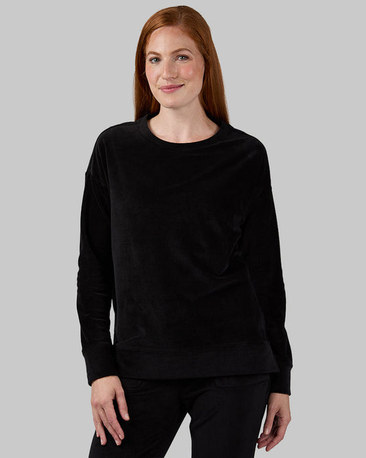 32 Degrees Black _ Women's Velour Luxe Rib Crew Top {model: Alison is 5'9.5"and size 4 wearing size S}{bottom}{right} {bottom}{right}