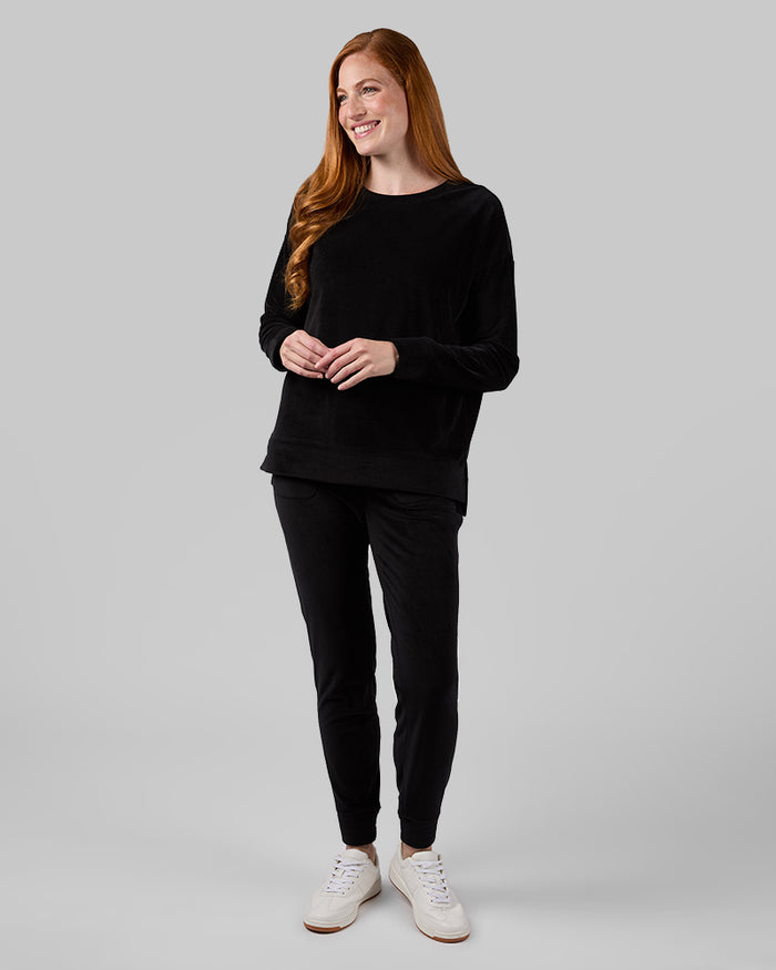 32 Degrees Black _ Women's Velour Luxe Rib Crew Top {model: Alison is 5'9.5"and size 4 wearing size S}{bottom}{right} {bottom}{right}