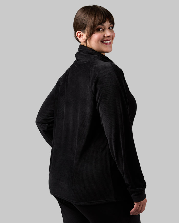 32 Degrees Black _ Women's Velour Luxe Rib Funnel Neck Top {model: Avery is 5'5" and size 12 wearing size L}{bottom}{right} {bottom}{right}