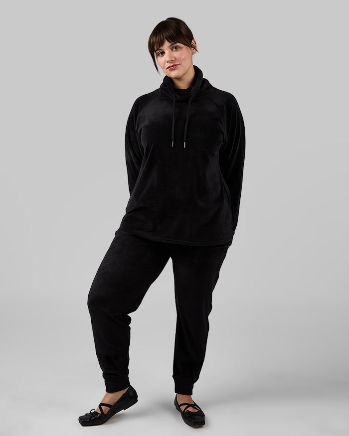 32 Degrees Black _ Women's Velour Luxe Rib Funnel Neck Top {model: Avery is 5'5" and size 12 wearing size L}{bottom}{right} {bottom}{right}