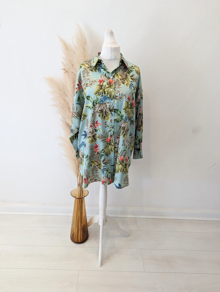 Zara Green Tiger Print Shirt L RRP £25.99