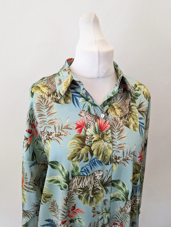 Zara Green Tiger Print Shirt L RRP £25.99