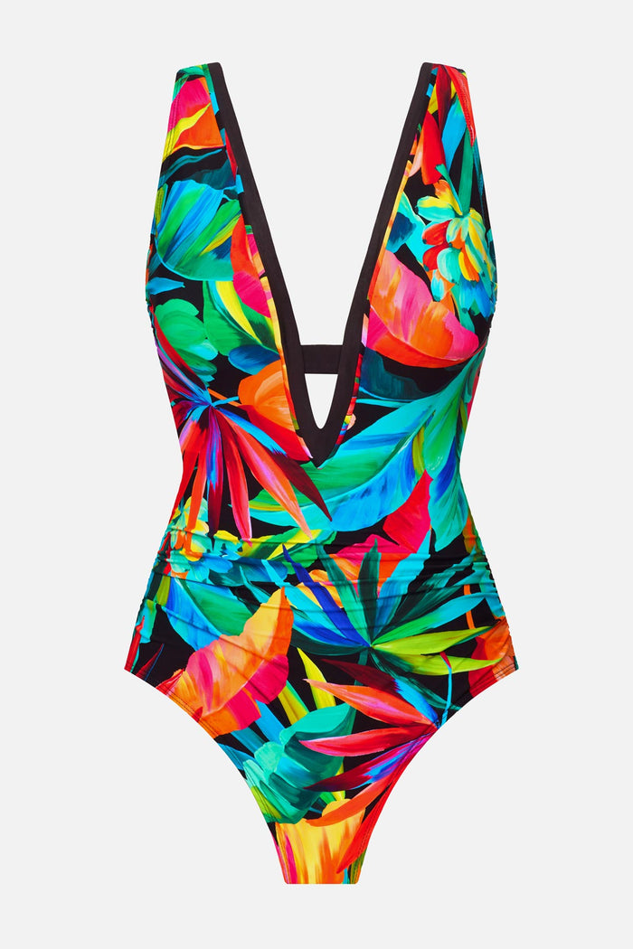 Bright multicolored palm leaf print one-piece swimsuit with a deep V neckline